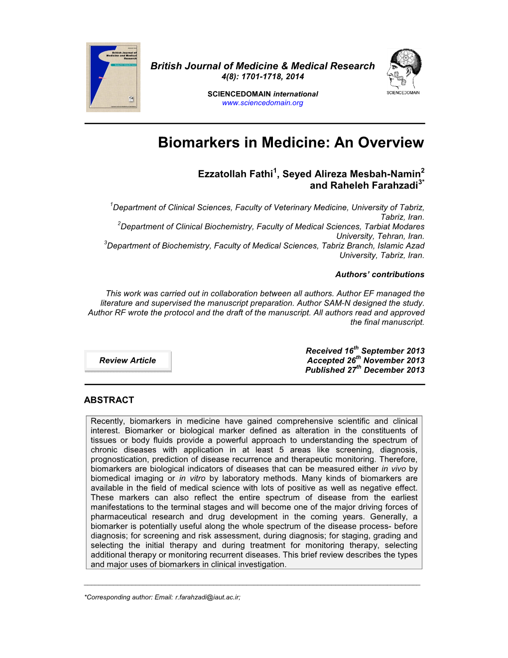 Biomarkers in Medicine: an Overview