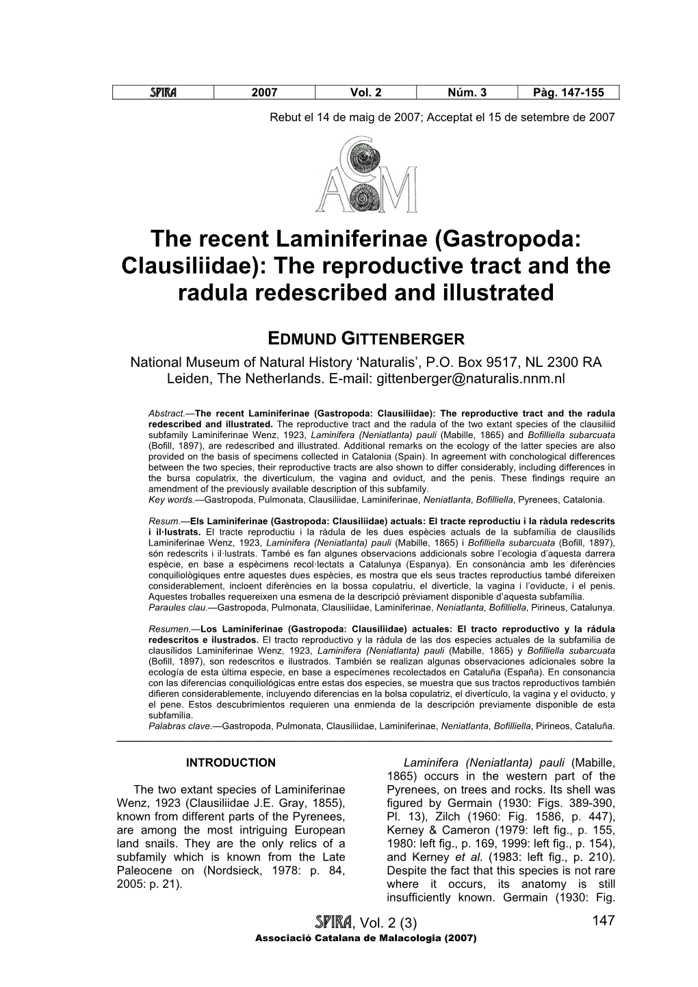 Gastropoda: Clausiliidae): the Reproductive Tract and the Radula Redescribed and Illustrated