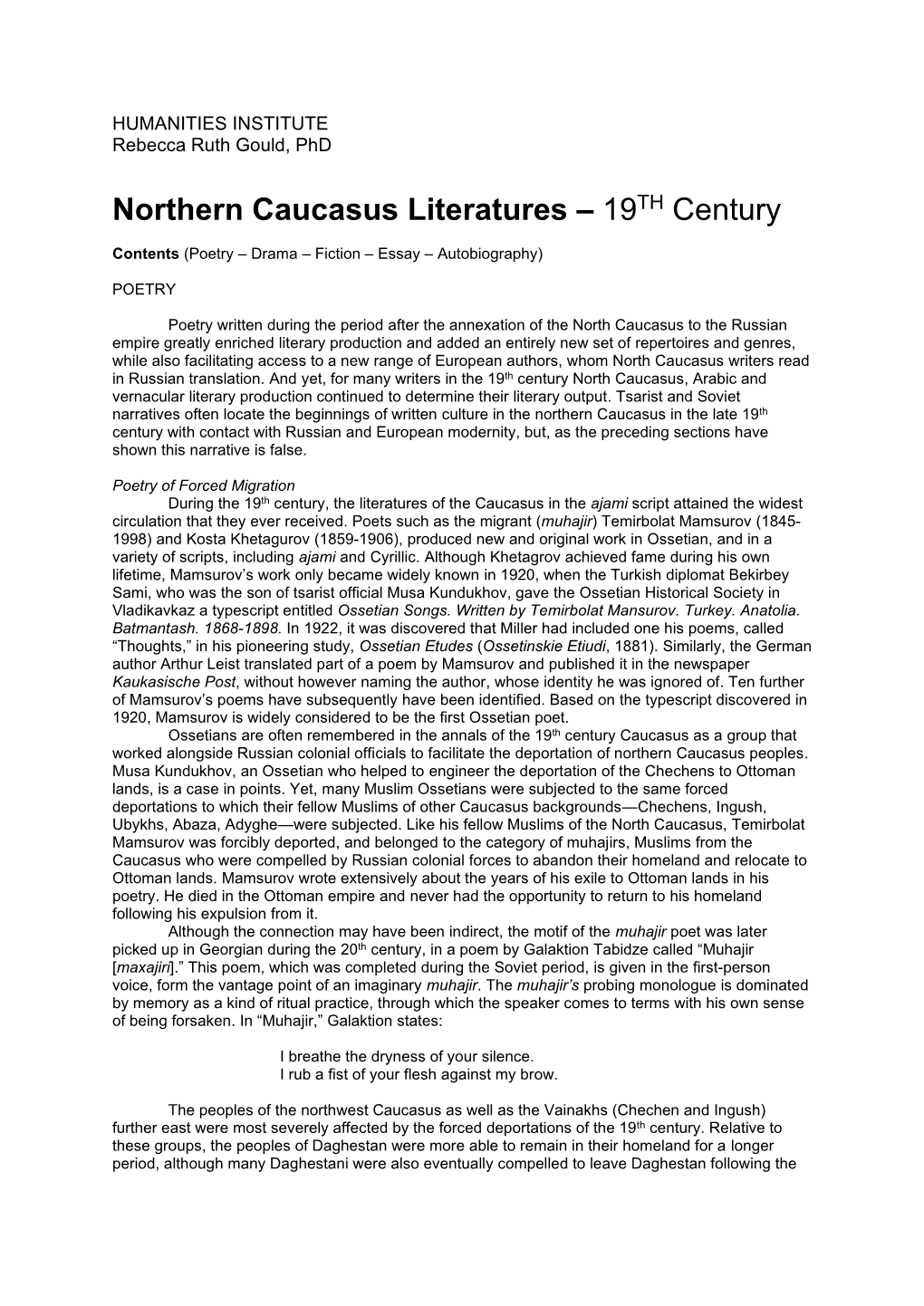 Northern Caucasus Literatures – 19TH Century