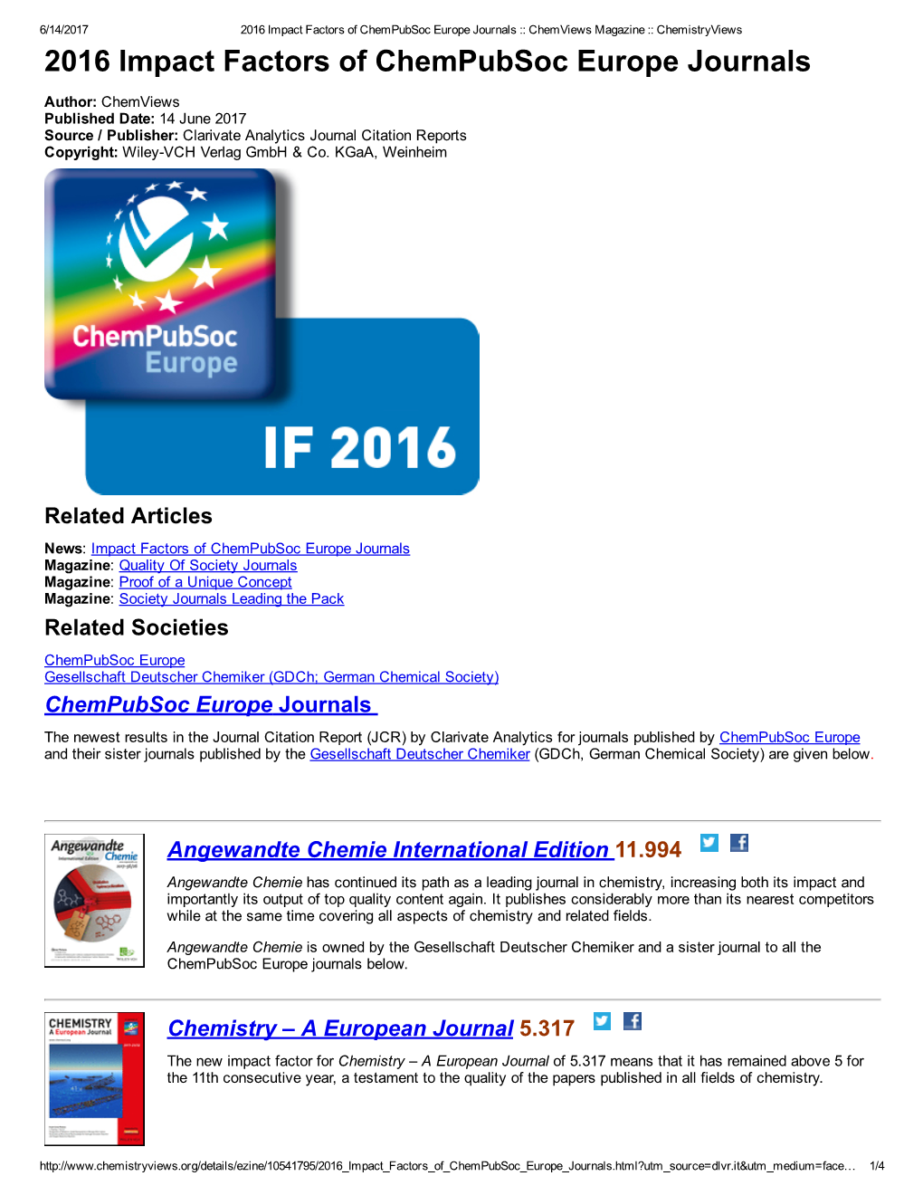 2016 Impact Factors of Chempubsoc Europe Journals :: Chemviews Magazine :: Chemistryviews 2016 Impact Factors of Chempubsoc Europe Journals