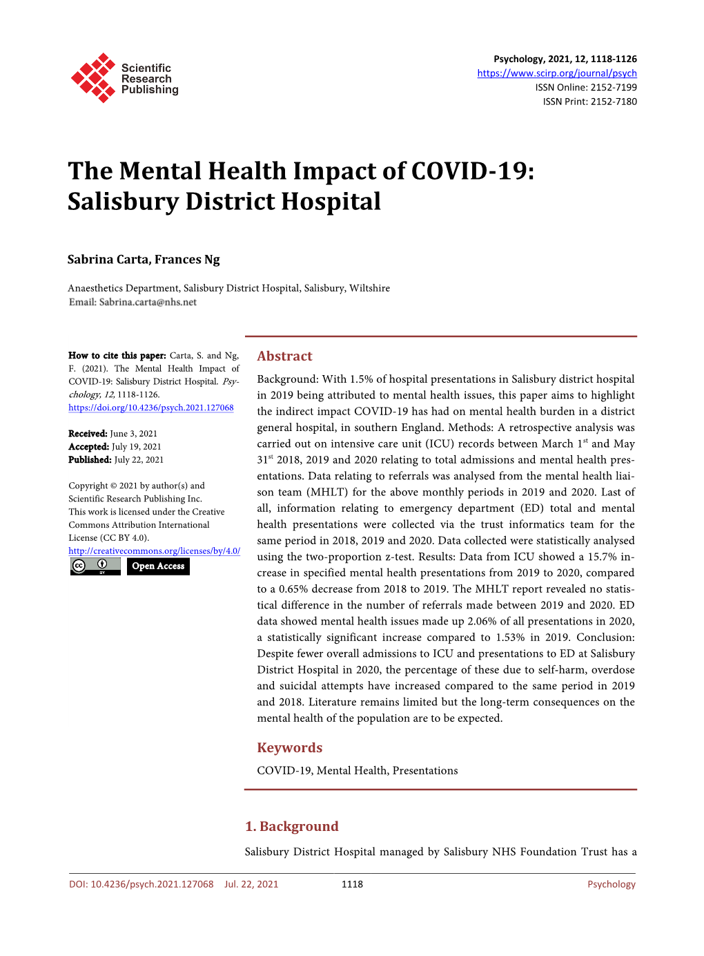 The Mental Health Impact of COVID-19: Salisbury District Hospital