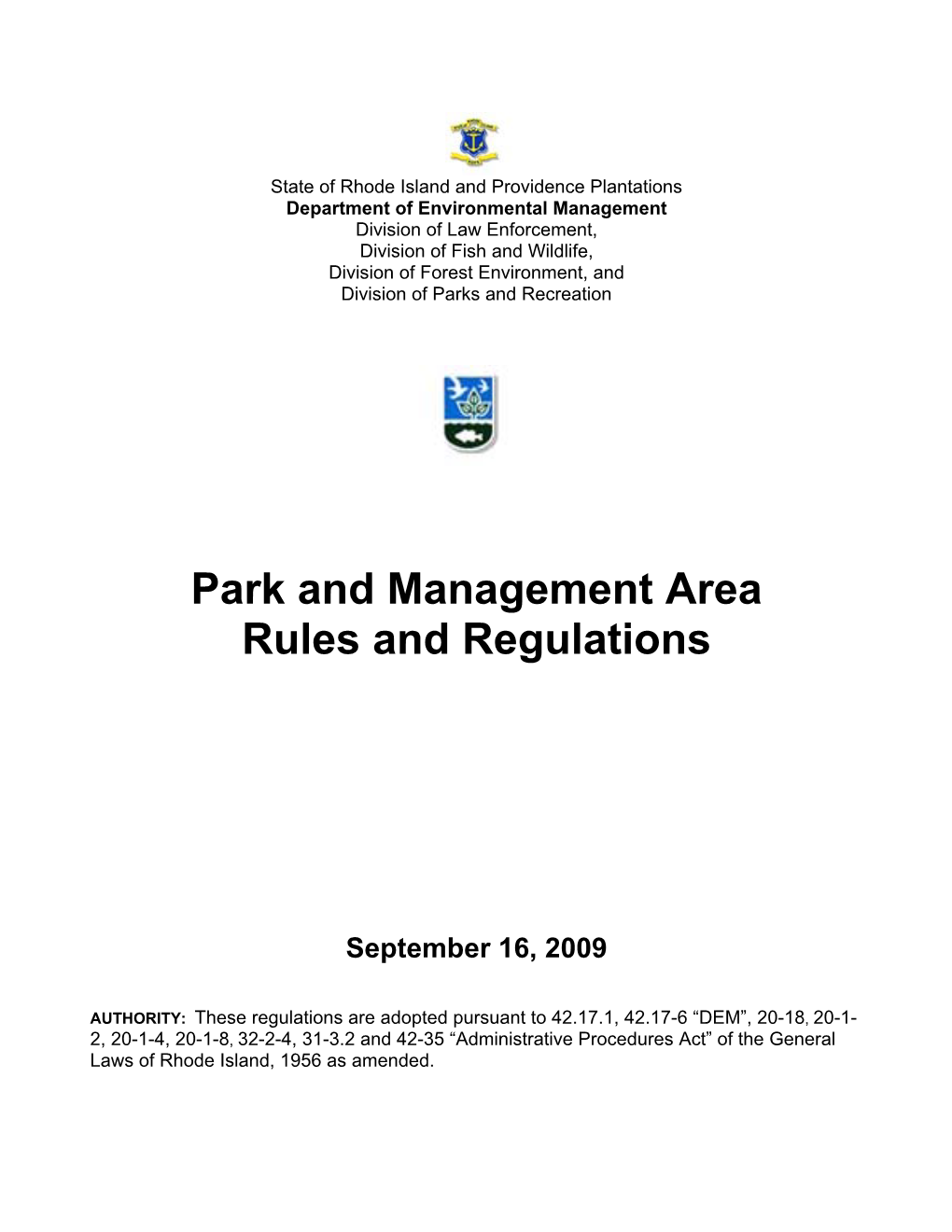 RI/DEM FISH and WILDLIFE- Parks and Mgt. Area Rules and Regs