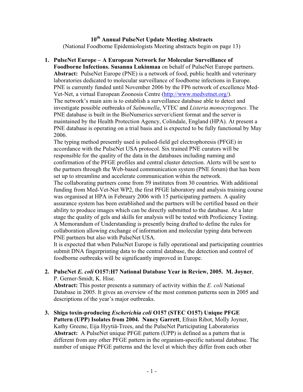 10 Annual Pulsenet Update Meeting Abstracts