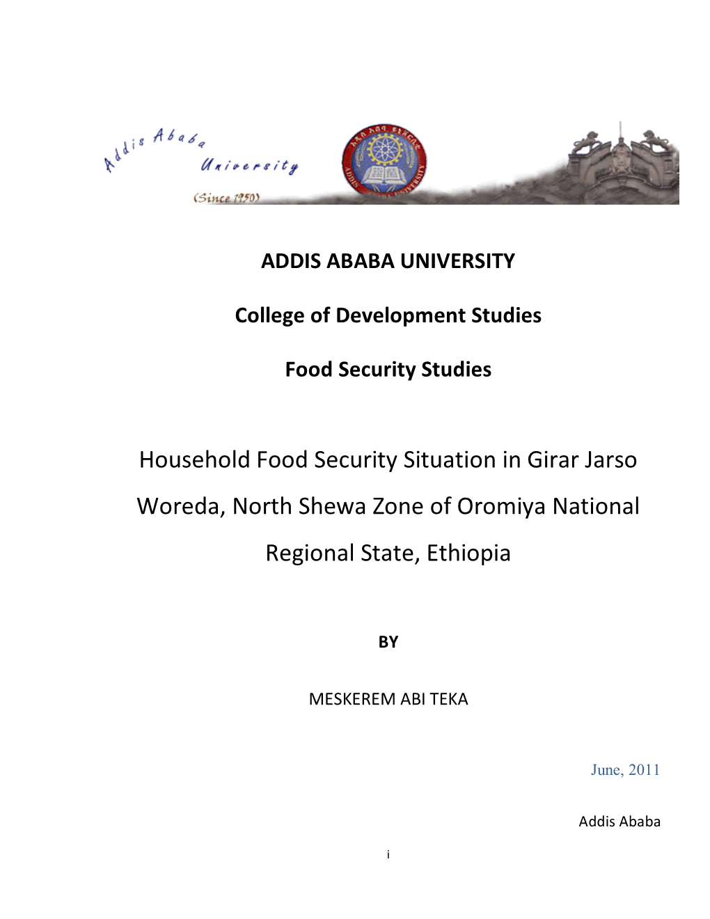 Household Food Security Situation in Girar Jarso Woreda, North Shewa Zone of Oromiya National Regional State, Ethiopia