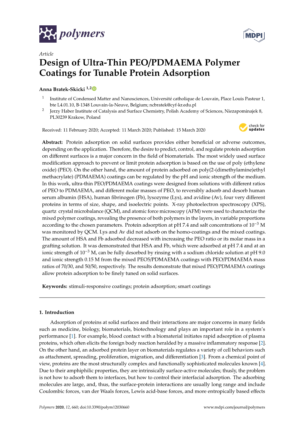 Design of Ultra-Thin PEO/PDMAEMA Polymer Coatings for Tunable Protein Adsorption