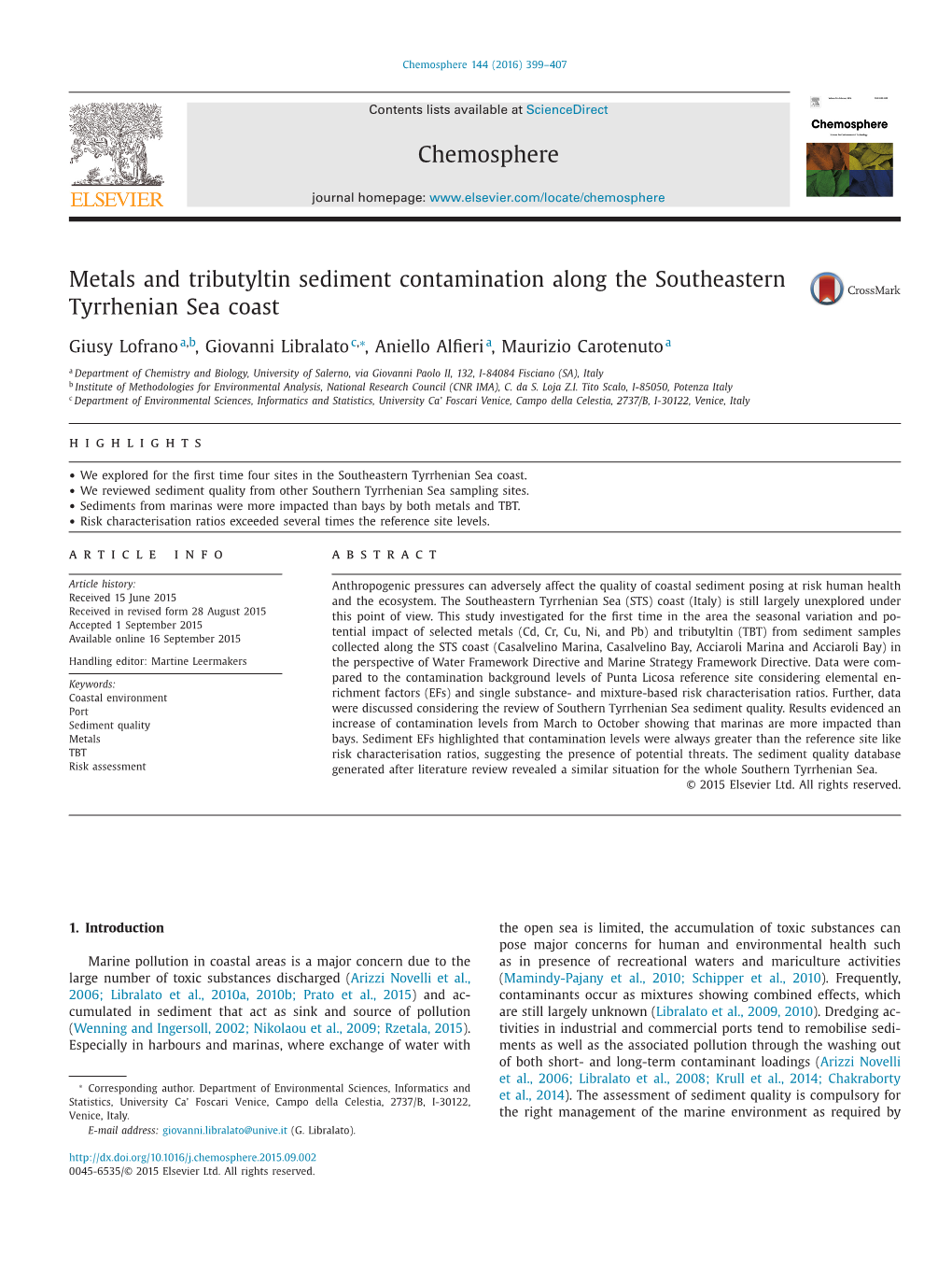 Metals and Tributyltin Sediment Contamination Along the Southeastern Tyrrhenian Sea Coast