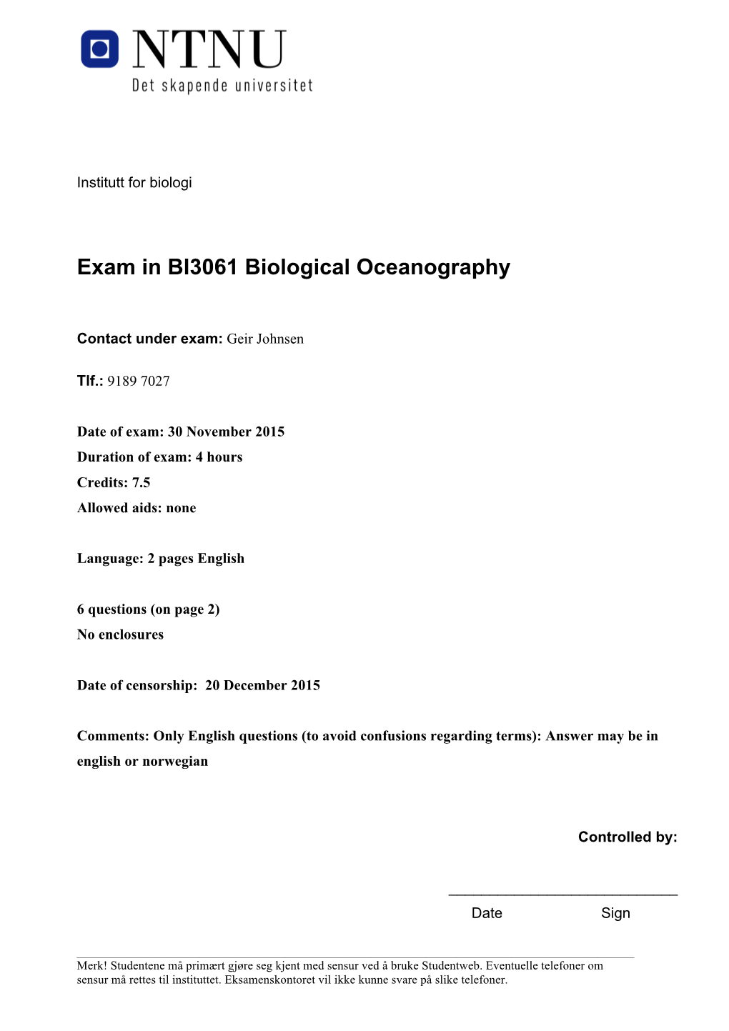 Exam in BI3061 Biological Oceanography