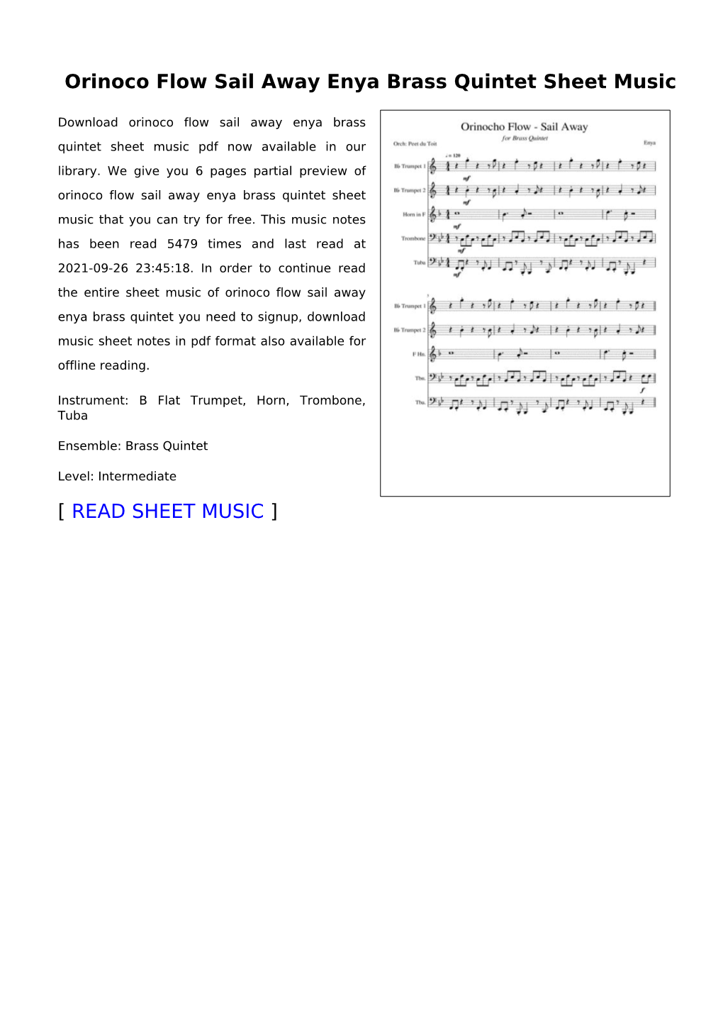 Orinoco Flow Sail Away Enya Brass Quintet Sheet Music