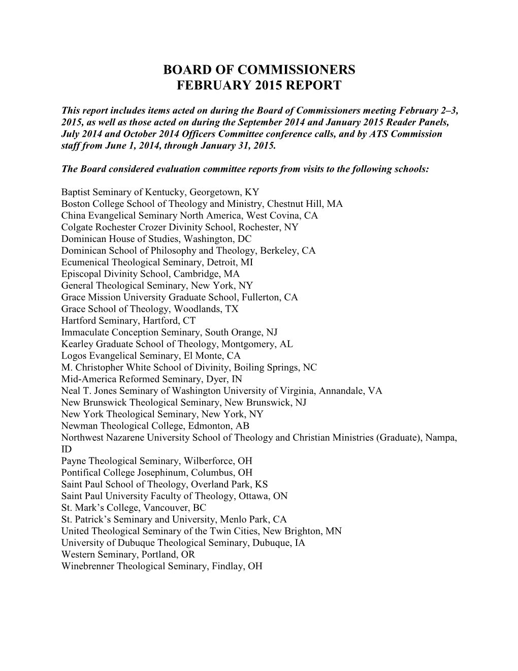 Board of Commissioners February 2015 Report