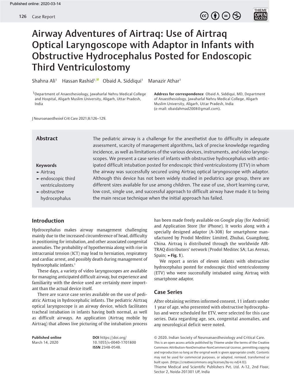 Airway Adventures of Airtraq: Use of Airtraq Optical Laryngoscope with Adaptor in Infants with Obstructive Hydrocephalus Posted for Endoscopic Third Ventriculostomy