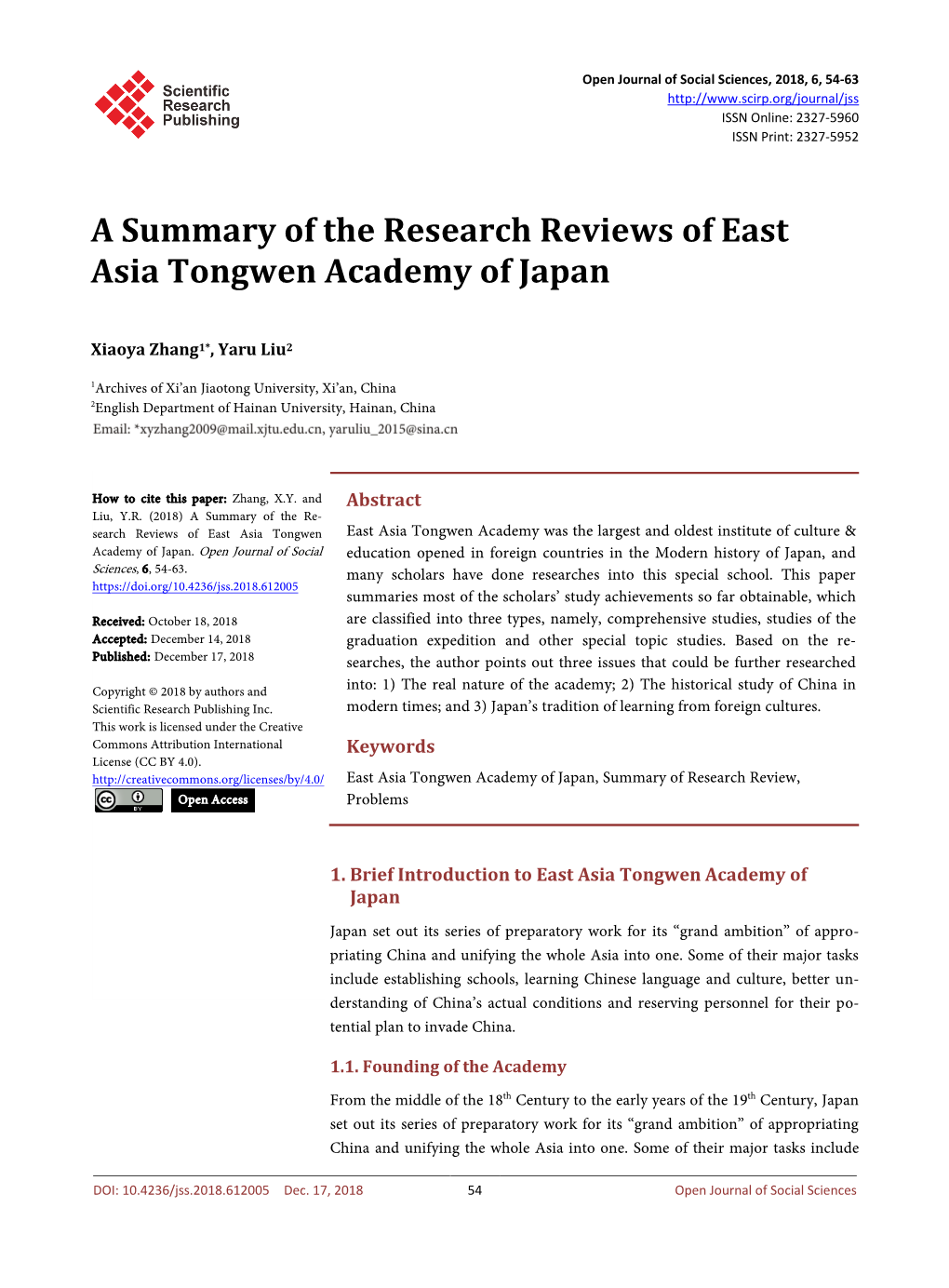 A Summary of the Research Reviews of East Asia Tongwen Academy of Japan