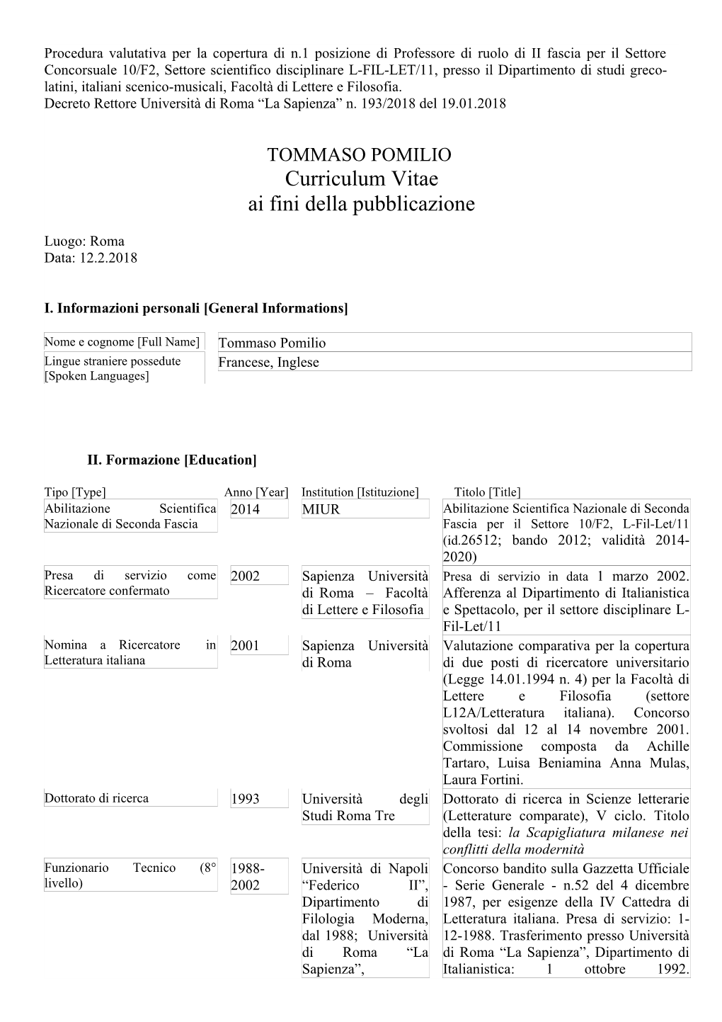 L-FIL-LET/11 Curriculum Vitae Ai Fini Della Pubblicazione