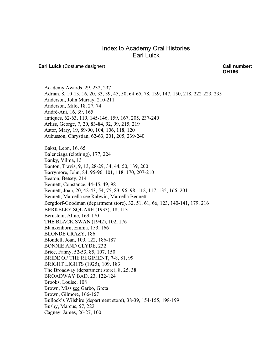 Index to Academy Oral Histories Earl Luick