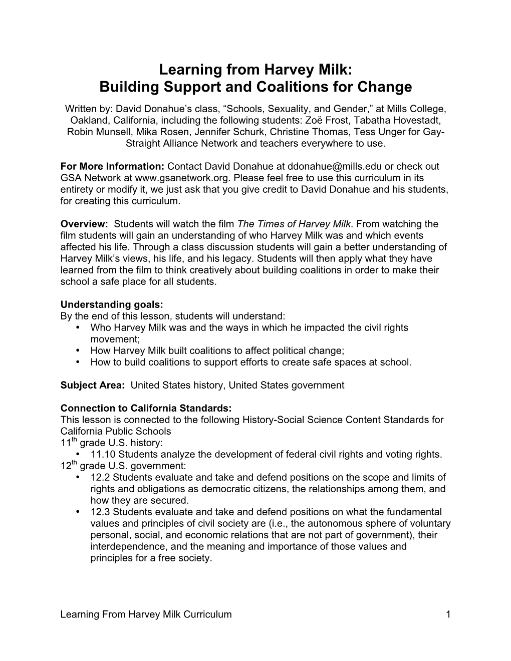 Learning from Harvey Milk: Building Support and Coalitions for Change