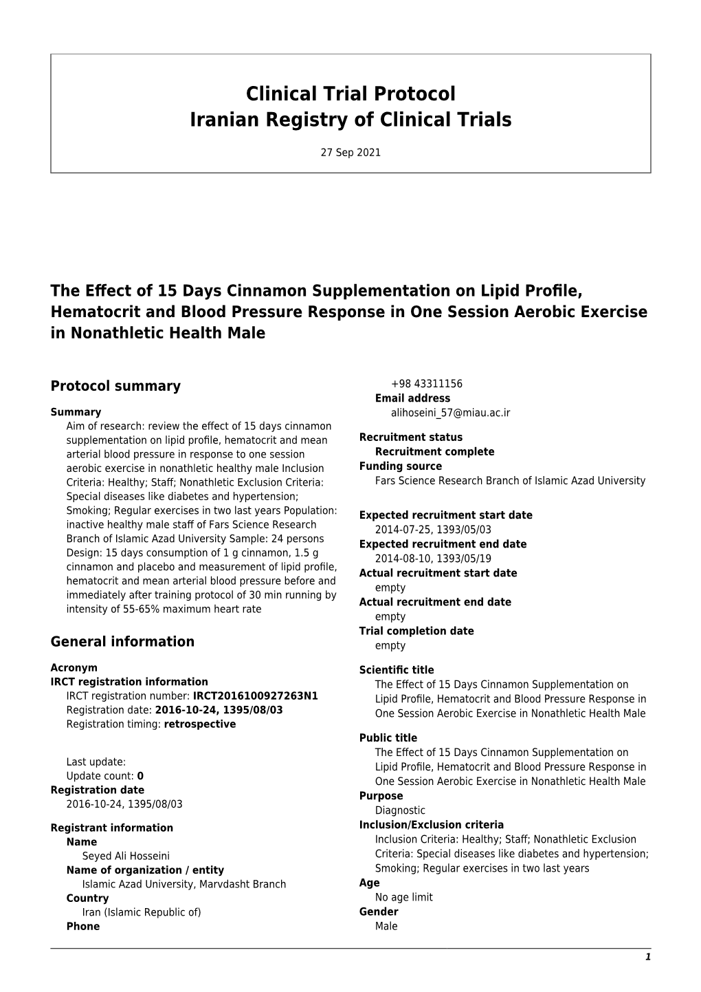 Clinical Trial Protocol Iranian Registry of Clinical Trials