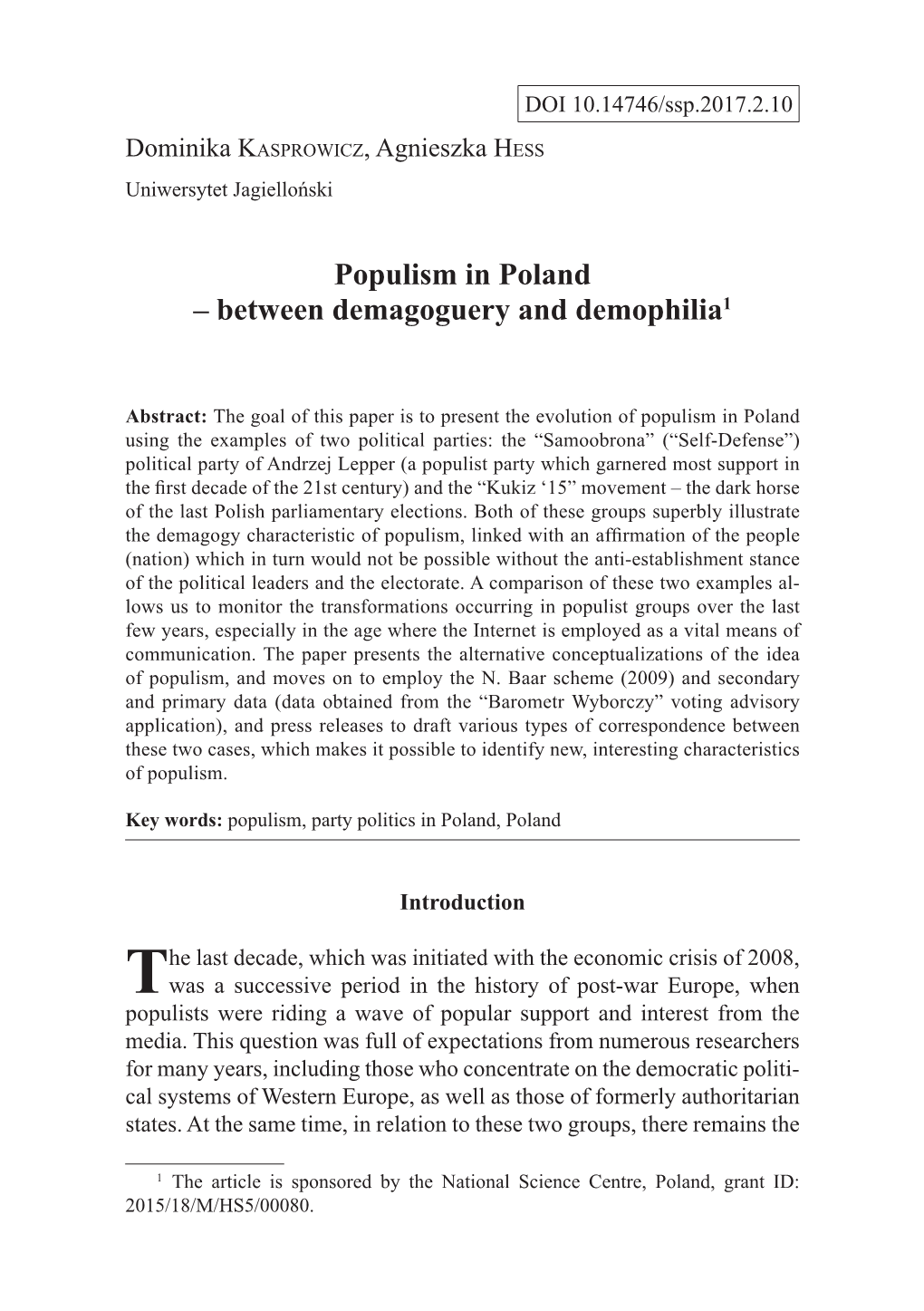 Populism in Poland – Between Demagoguery and Demophilia1