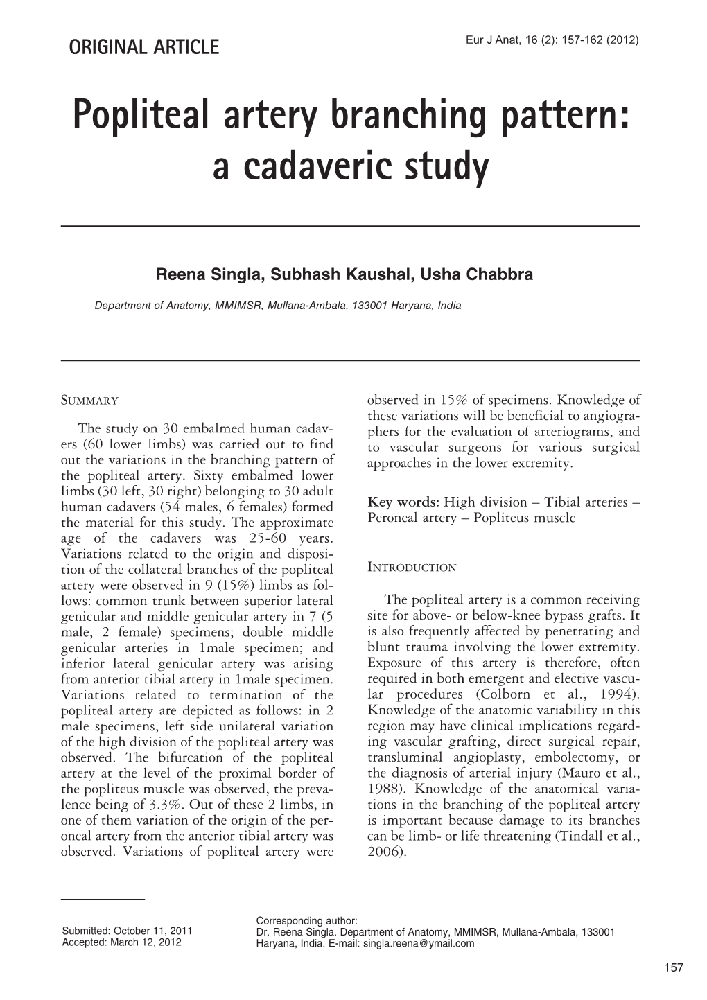 Popliteal Artery Branching Pattern: a Cadaveric Study