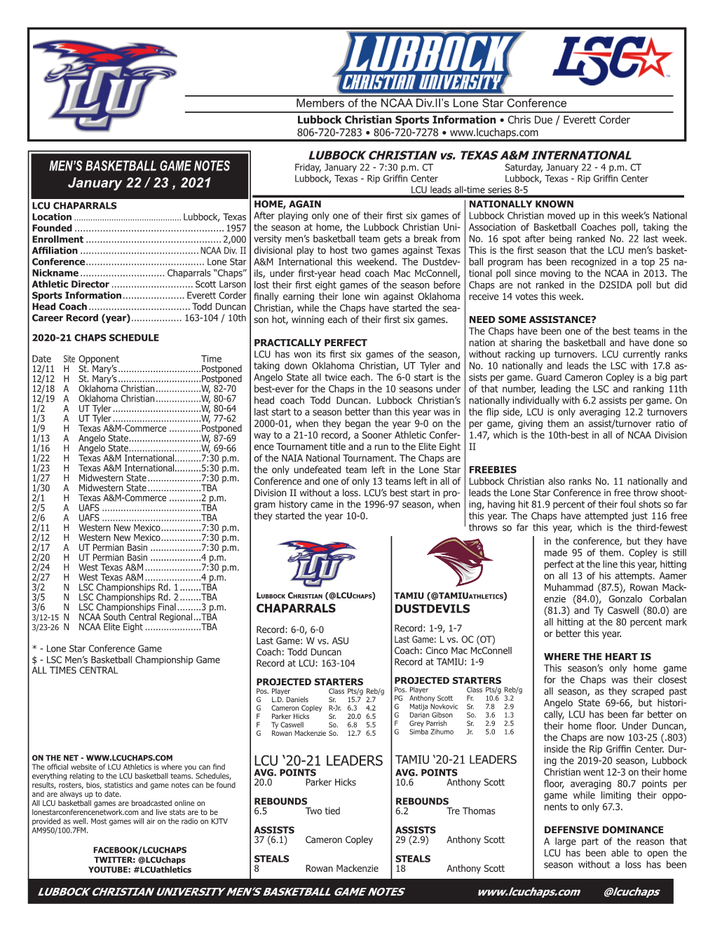 MEN's BASKETBALL GAME NOTES January 22 / 23 , 2021 LCU '20-21