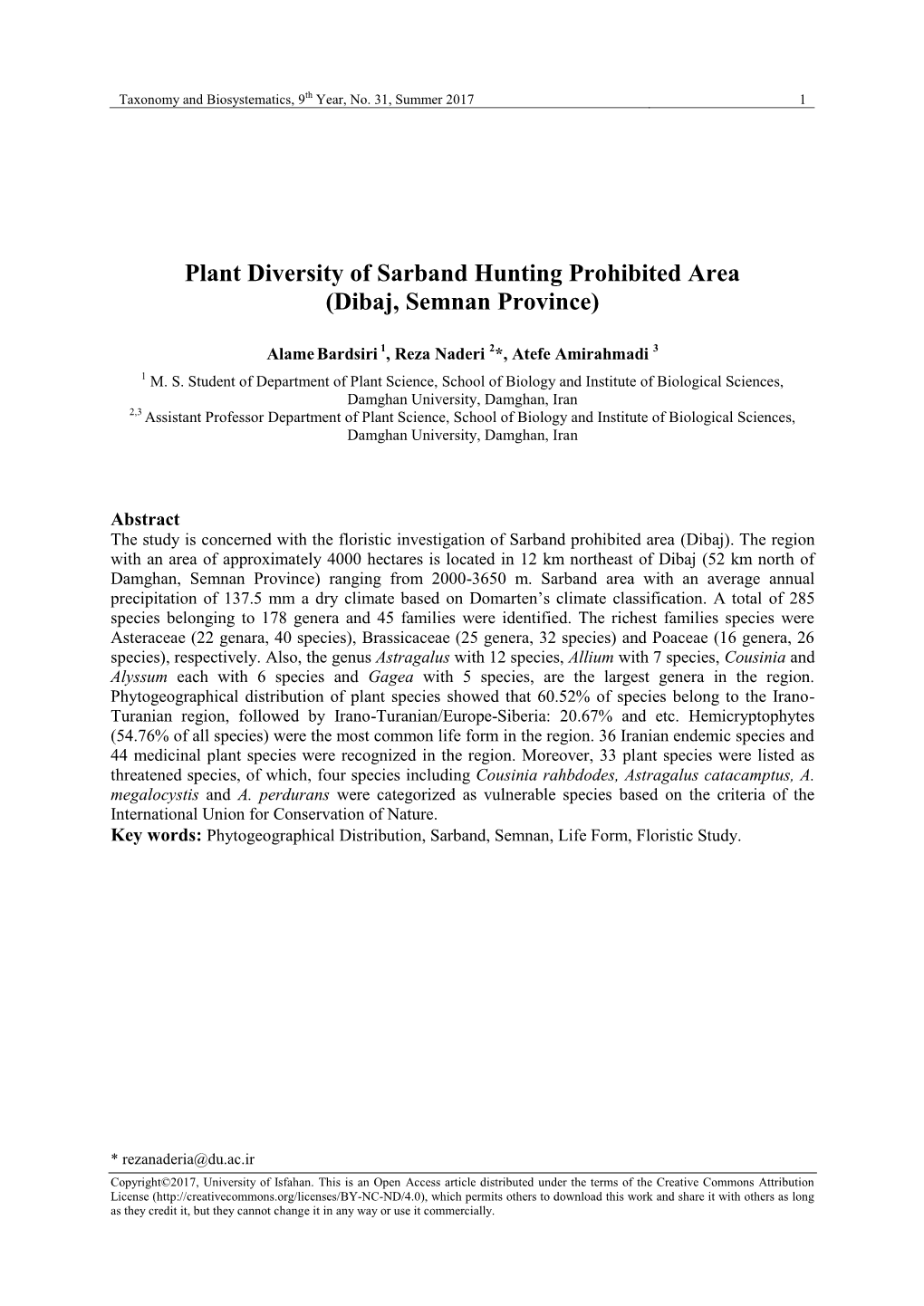 Plant Diversity of Sarband Hunting Prohibited Area (Dibaj, Semnan Province)