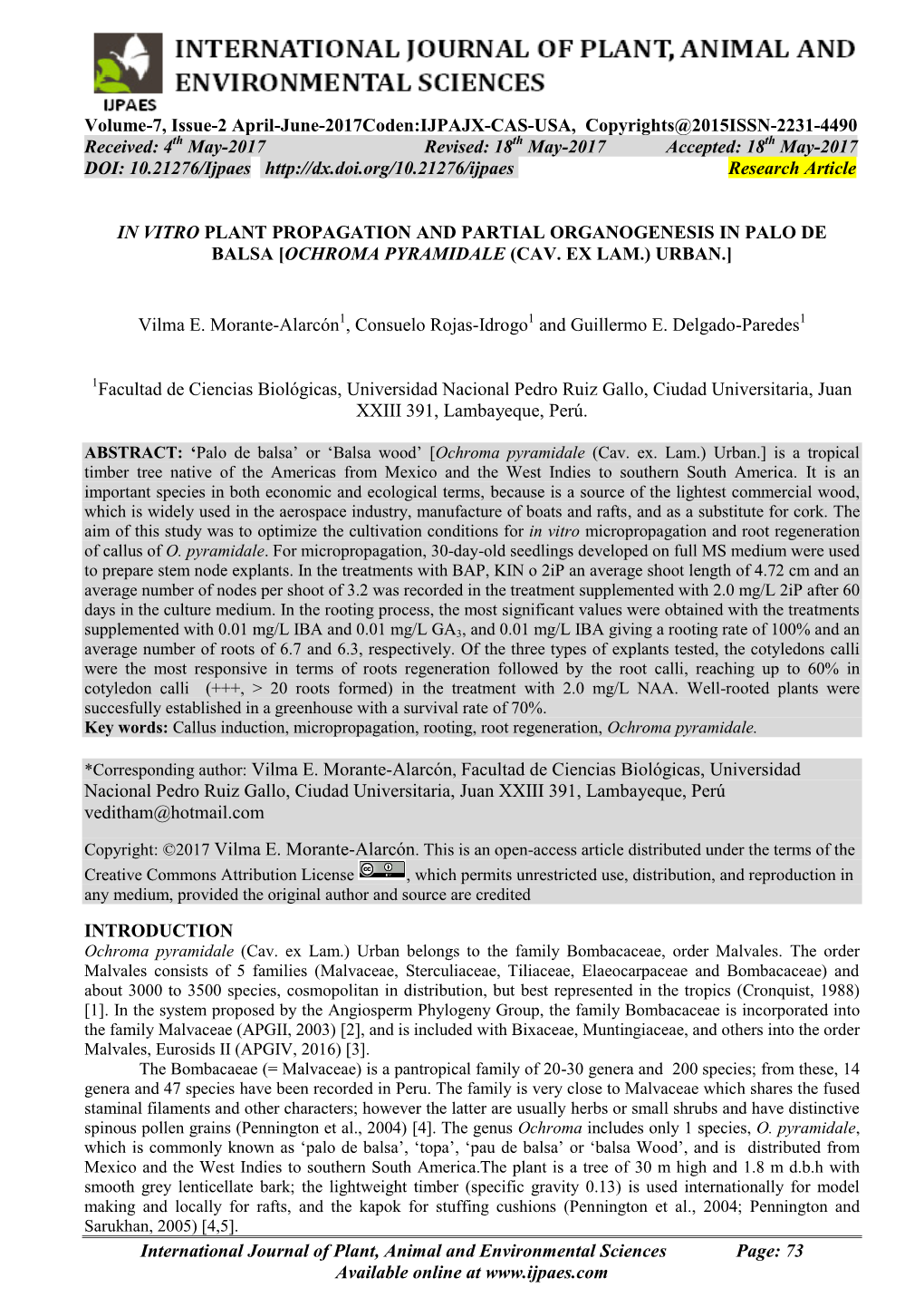 In Vitro Plant Propagation and Partial Organogenesis in Palo De Balsa [Ochroma Pyramidale (Cav