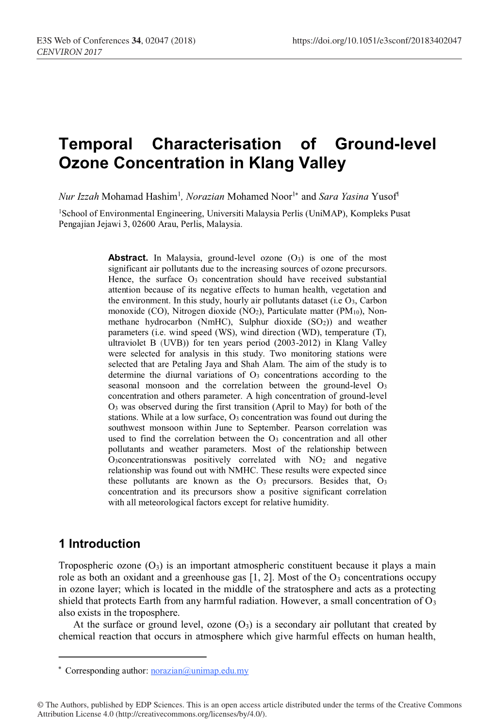 Temporal Characterisation of Ground-Level Ozone Concentration in Klang Valley