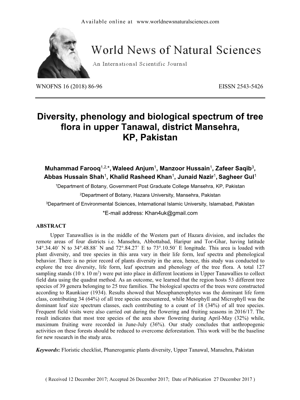 Diversity, Phenology and Biological Spectrum of Tree Flora in Upper Tanawal, District Mansehra, KP, Pakistan