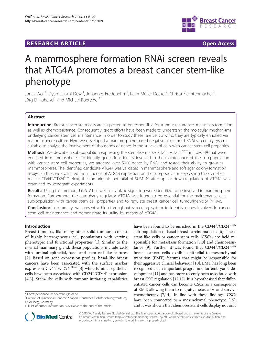 A Mammosphere Formation Rnai Screen Reveals That ATG4A