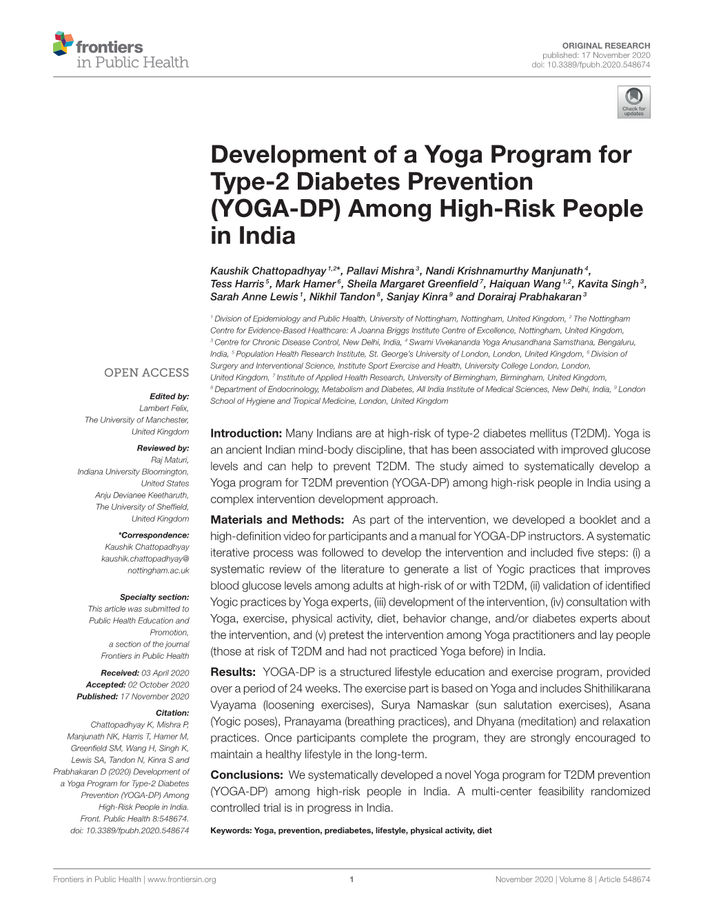 Development of a Yoga Program for Type-2 Diabetes Prevention (YOGA-DP) Among High-Risk People in India