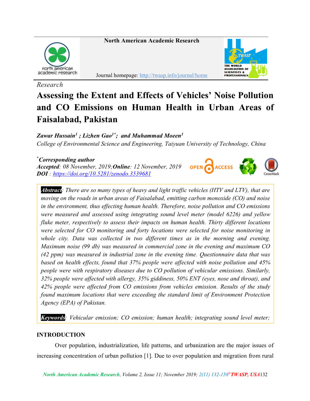 Assessing the Extent and Effects of Vehicles' Noise Pollution and CO Emissions on Human Health in Urban Areas of Faisalabad, P