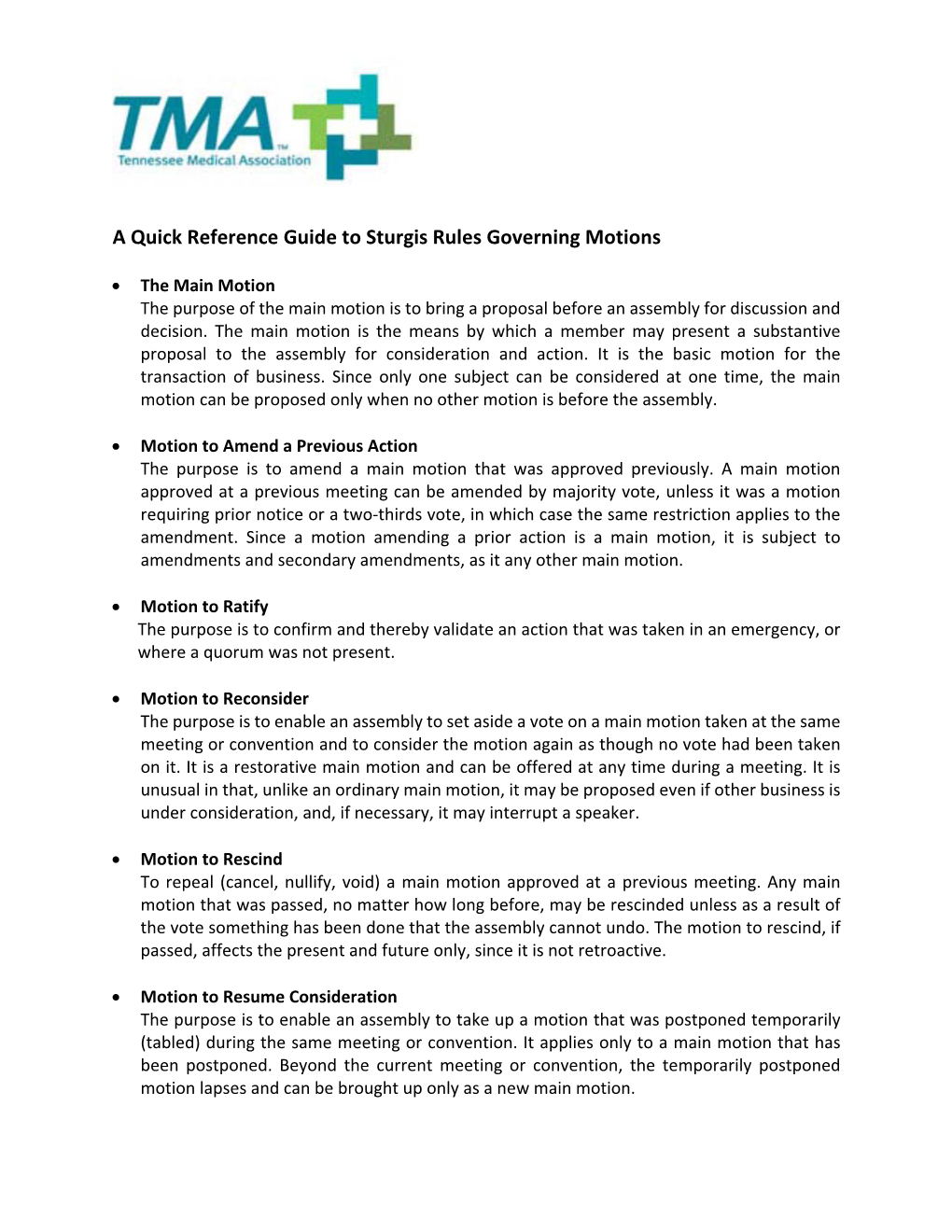 A Quick Reference Guide to Sturgis Rules Governing Motions
