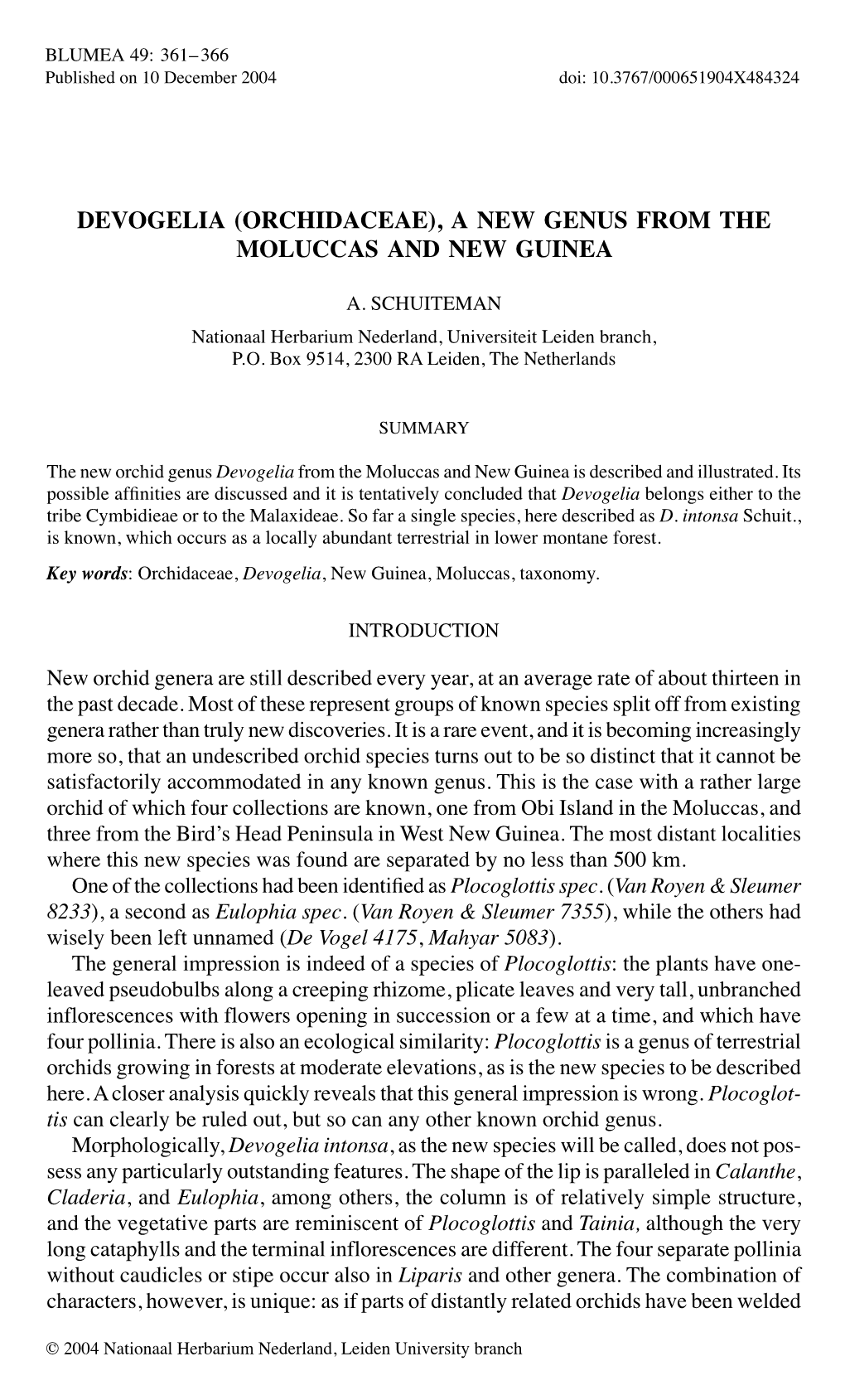 Devogelia (Orchidaceae), a New Genus from the Moluccas and New Guinea