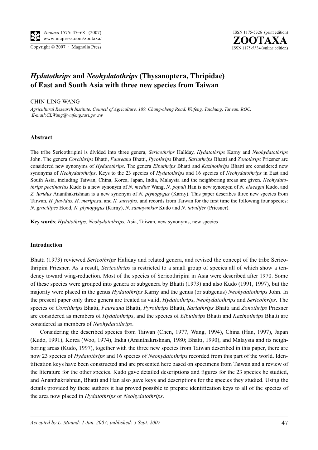Zootaxa,Hydatothrips and Neohydatothrips (Thysanoptera, Thripidae)