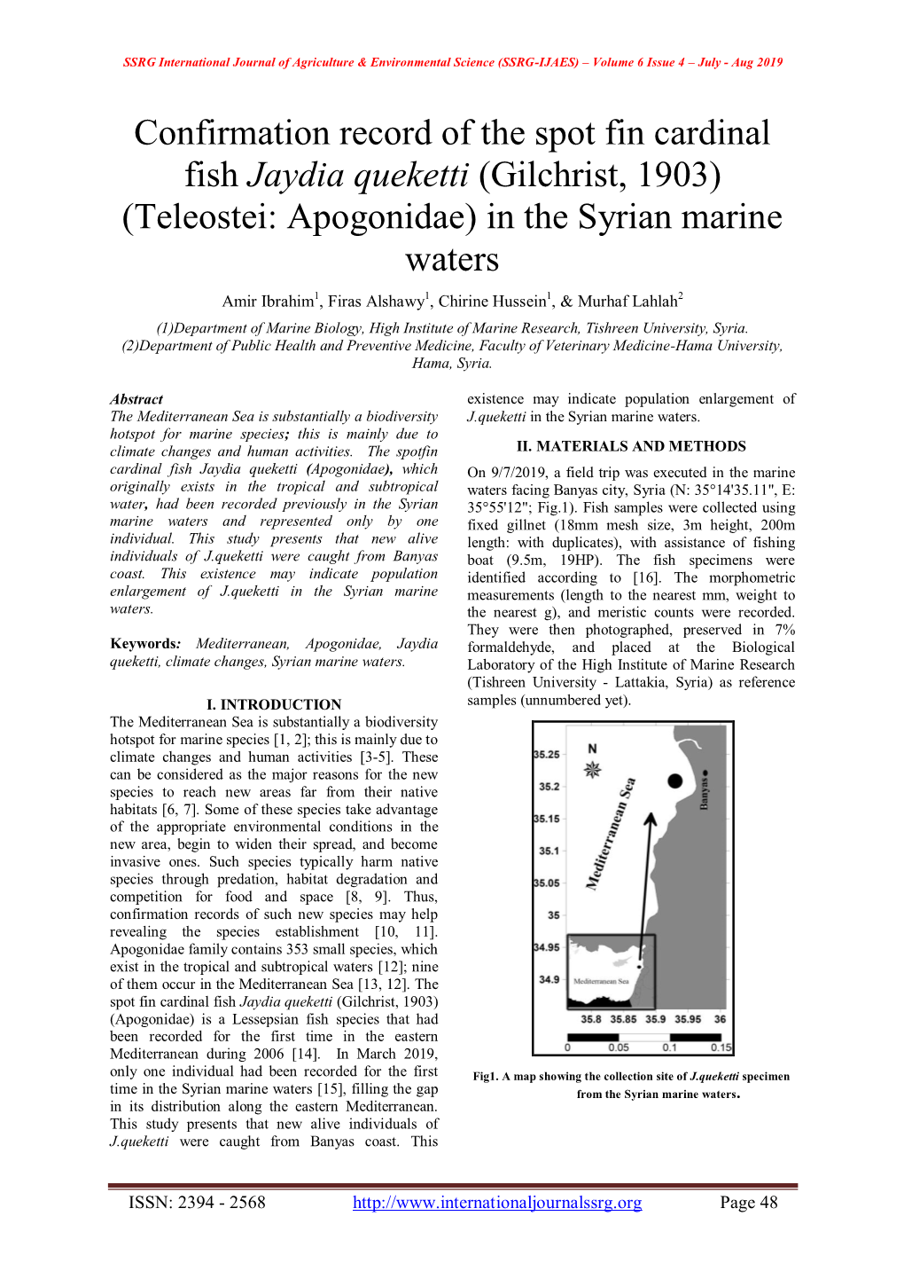 Confirmation Record of the Spot Fin Cardinal Fish Jaydia