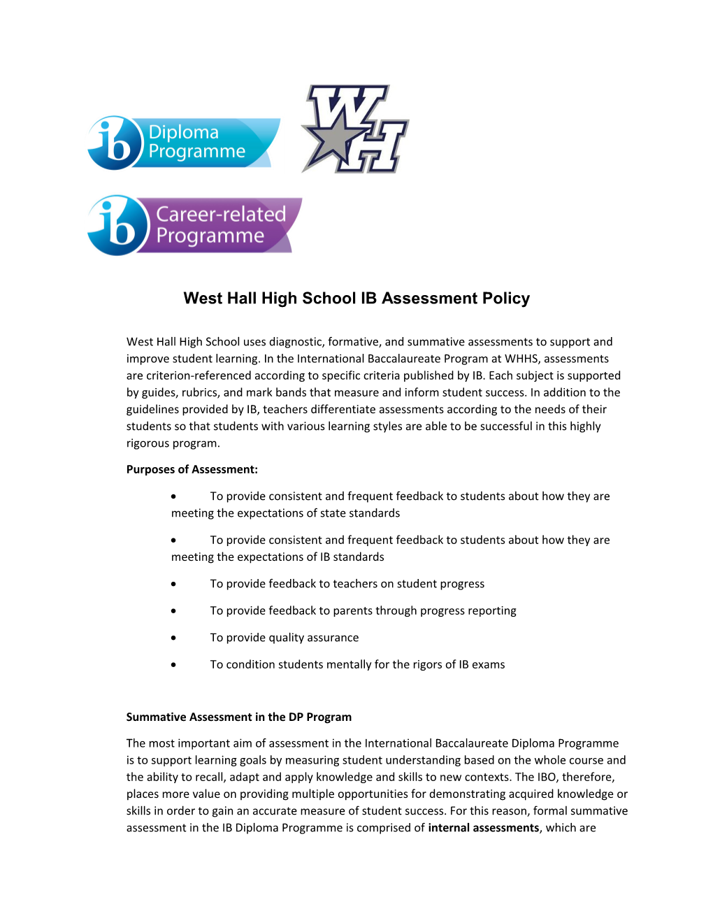 West Hall High School IB Assessment Policy