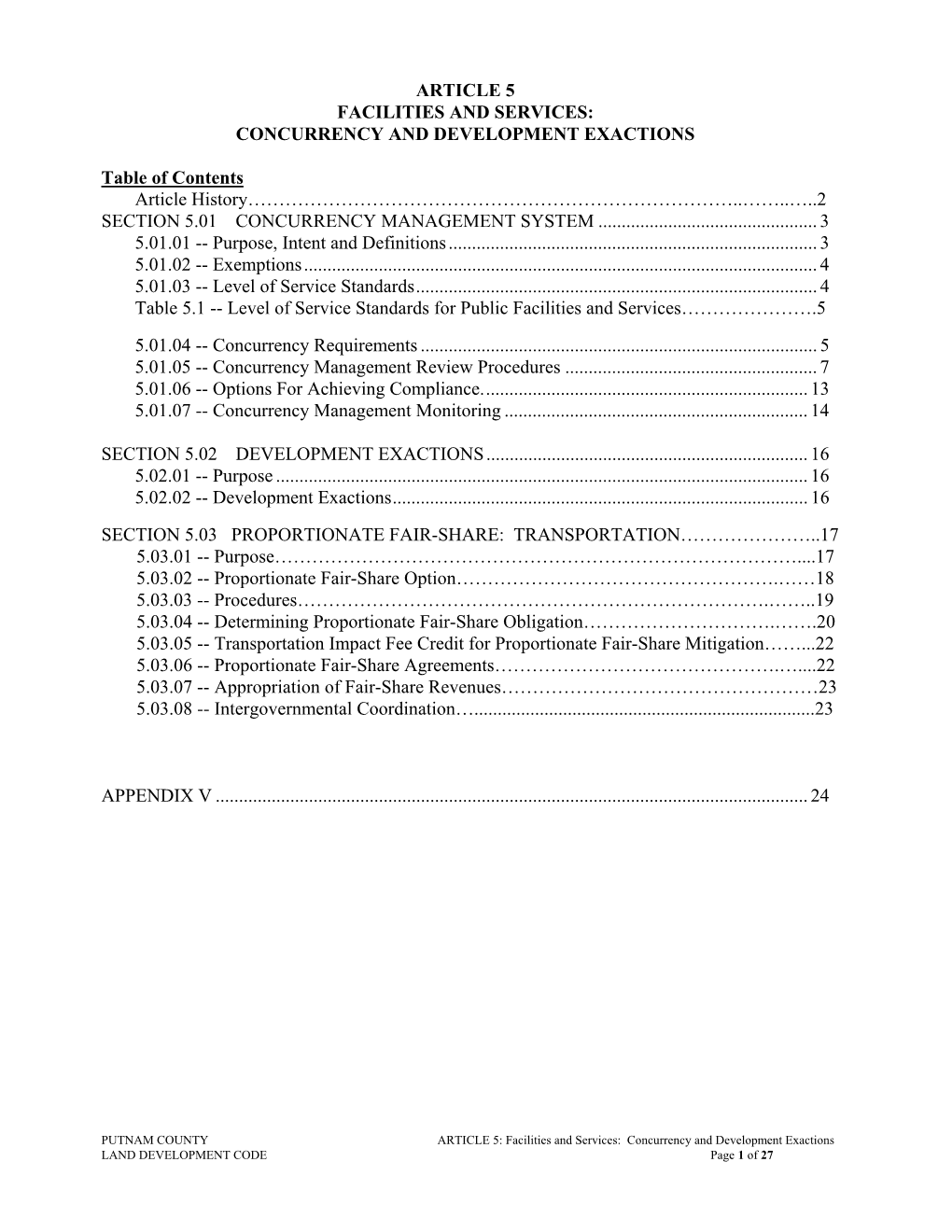 ARTICLE 5 FACILITIES and SERVICES: CONCURRENCY and DEVELOPMENT EXACTIONS Table of Contents Article History………………