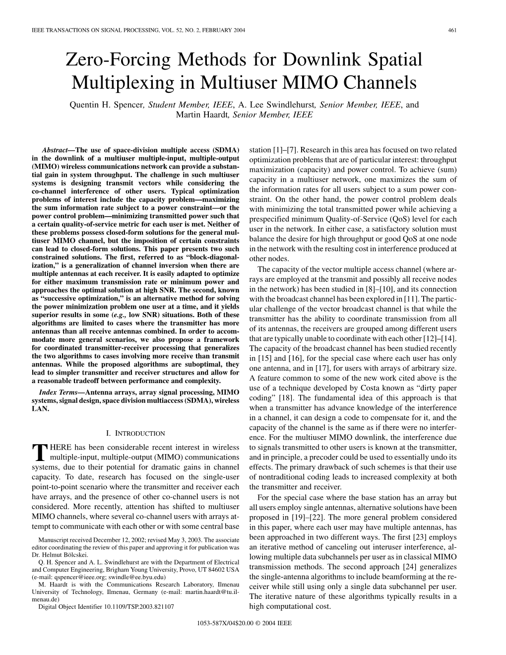 Zero-Forcing Methods for Downlink Spatial Multiplexing in Multiuser MIMO Channels Quentin H