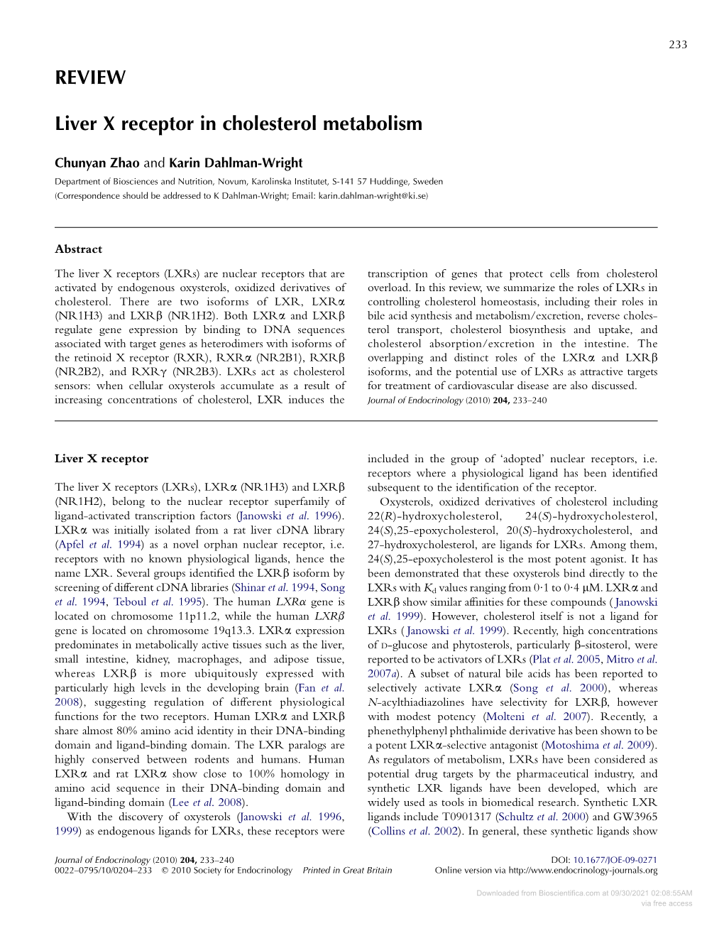 REVIEW Liver X Receptor in Cholesterol Metabolism