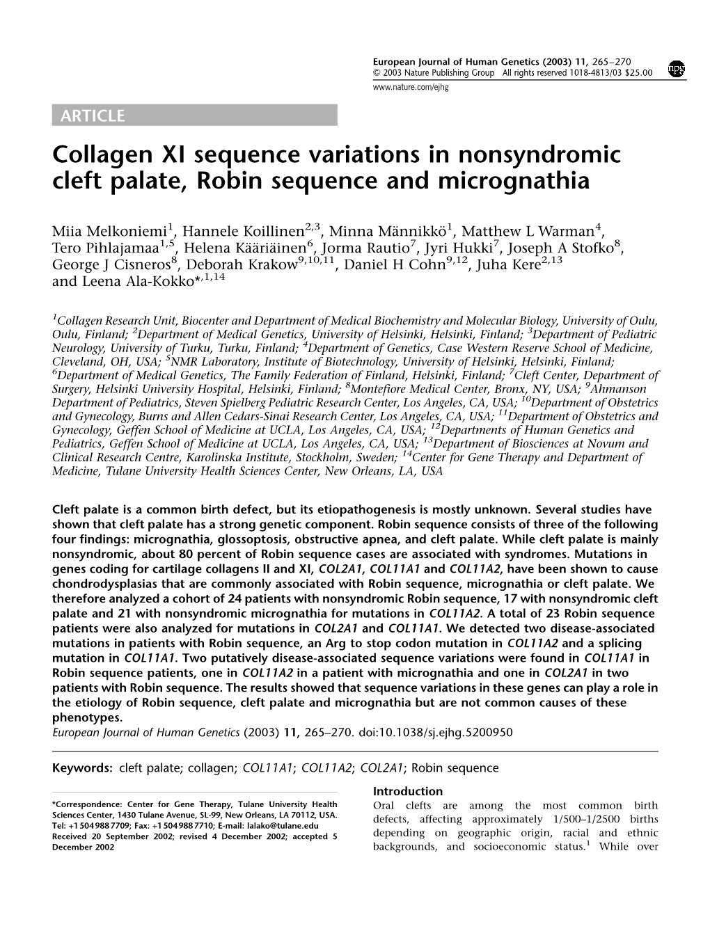 Collagen XI Sequence Variations in Nonsyndromic Cleft Palate, Robin Sequence and Micrognathia