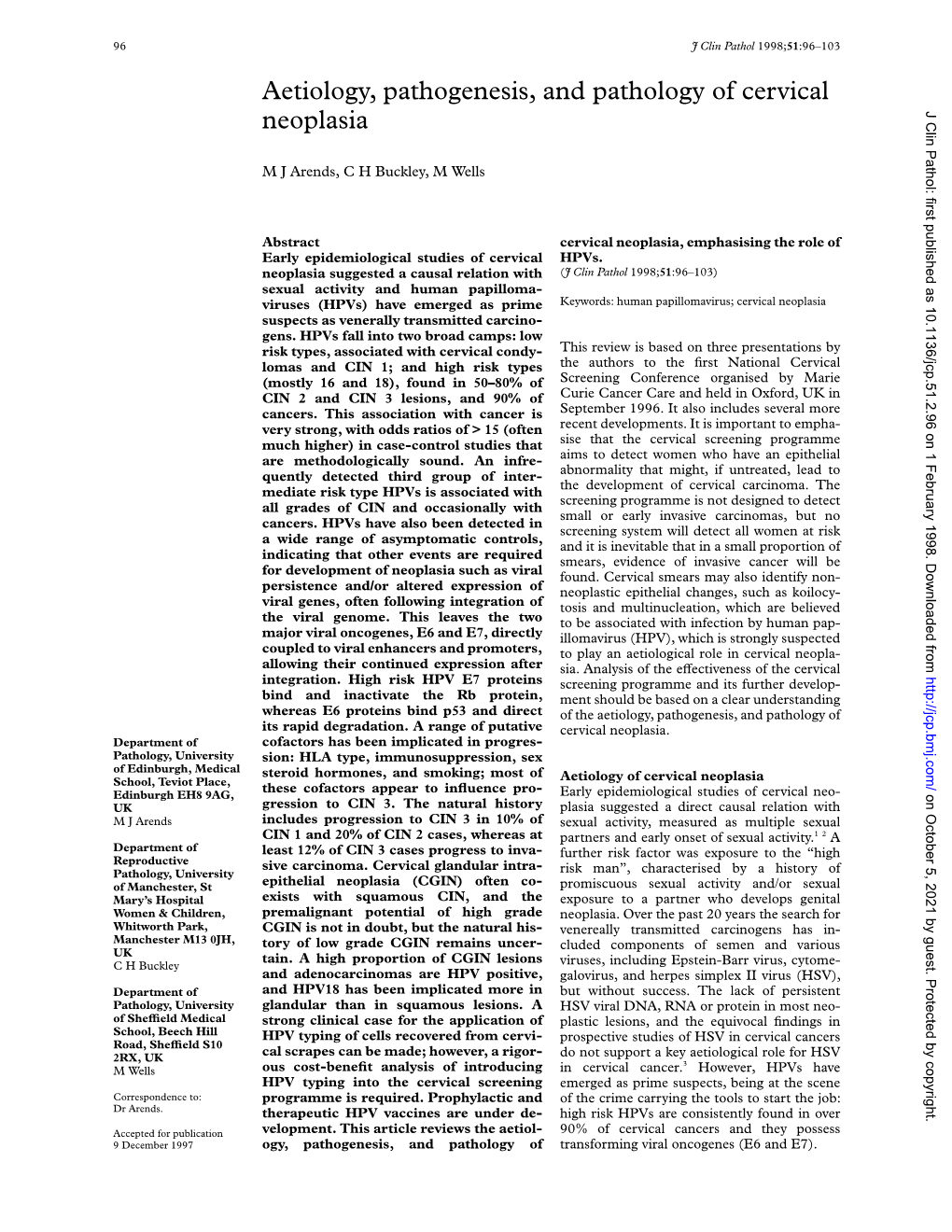 Aetiology, Pathogenesis, and Pathology of Cervical Neoplasia J Clin Pathol: First Published As 10.1136/Jcp.51.2.96 on 1 February 1998