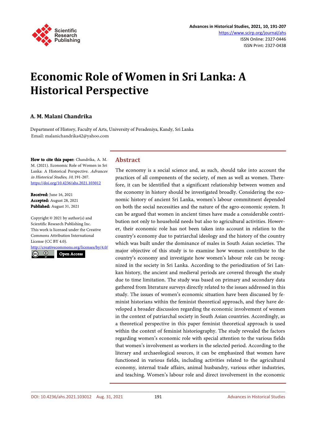 Economic Role of Women in Sri Lanka: a Historical Perspective