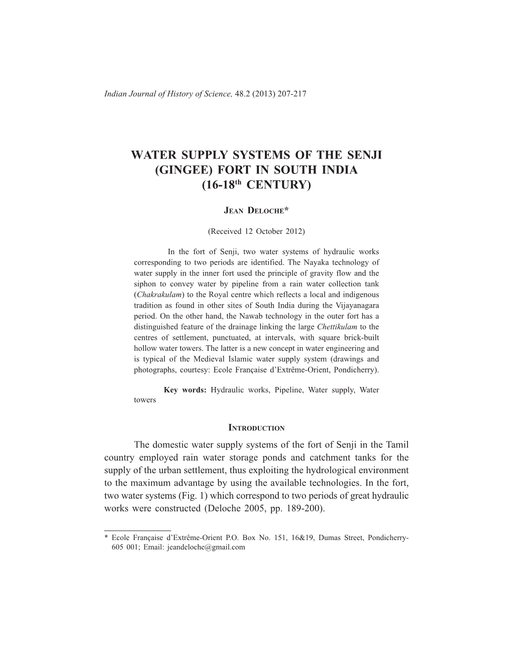 WATER SUPPLY SYSTEMS of the SENJI (GINGEE) FORT in SOUTH INDIA (16-18Th CENTURY)