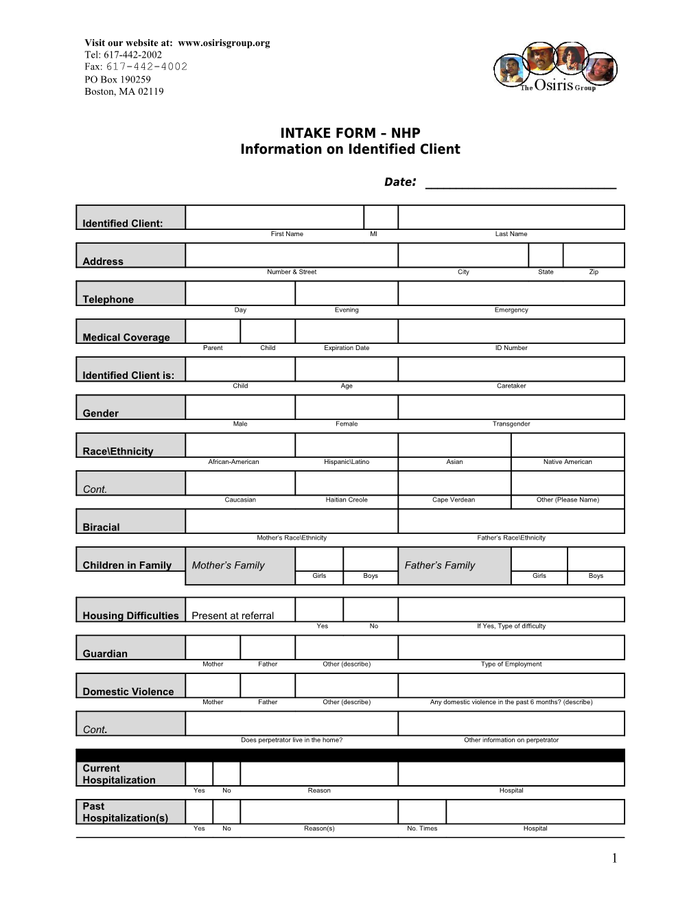 INTAKE FORM NHP Information on Identified Client