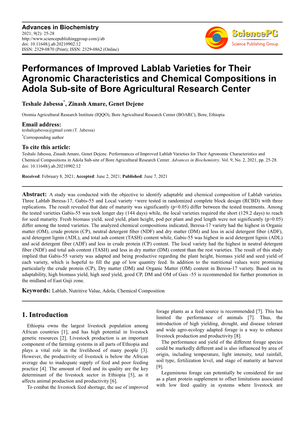 Performances of Improved Lablab Varieties for Their Agronomic Characteristics and Chemical Compositions in Adola Sub-Site of Bore Agricultural Research Center