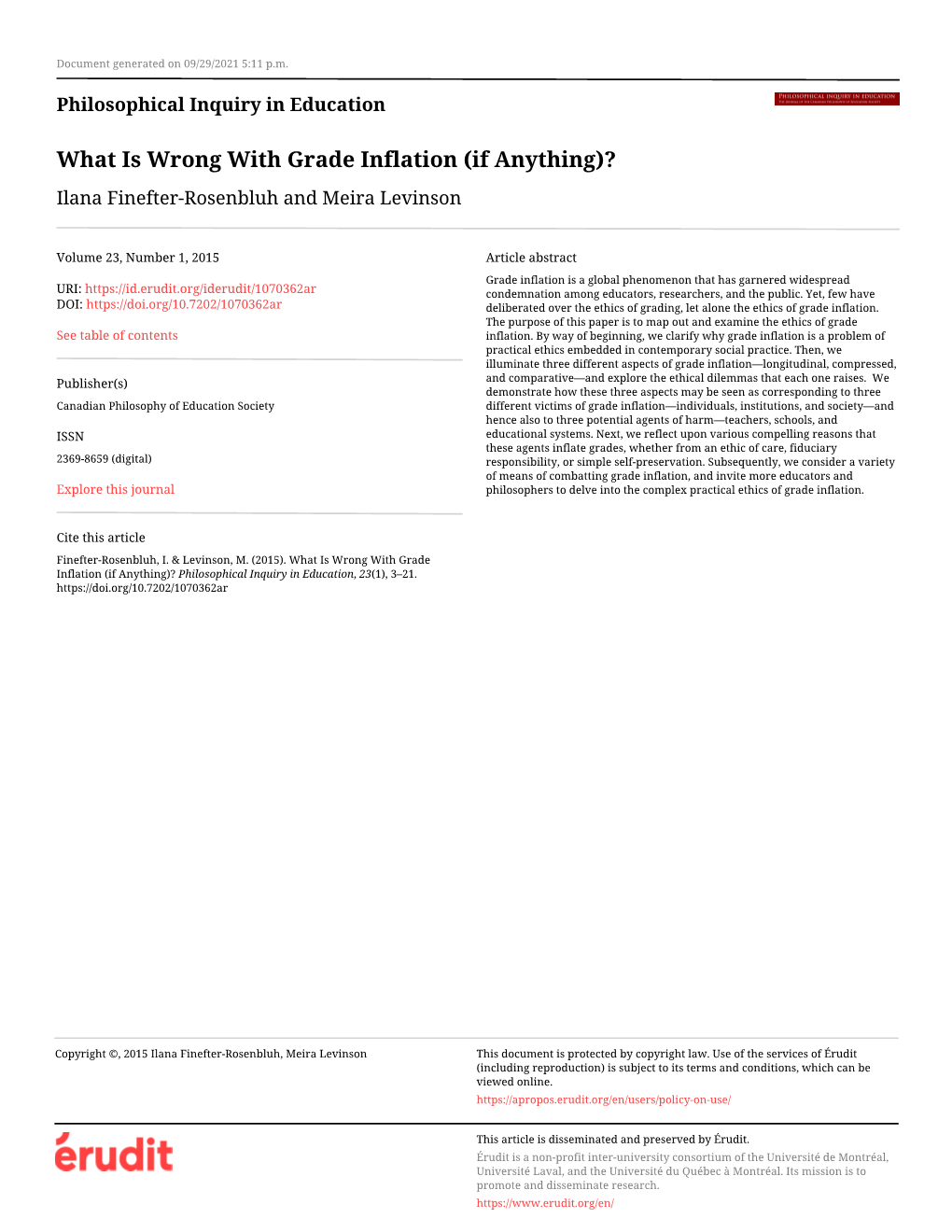 What Is Wrong with Grade Inflation (If Anything)? Ilana Finefter-Rosenbluh and Meira Levinson