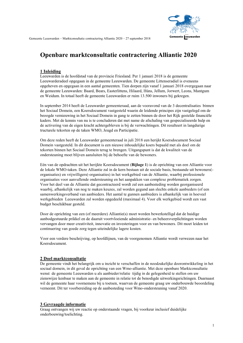 Openbare Marktconsultatie Contractering Alliantie 2020