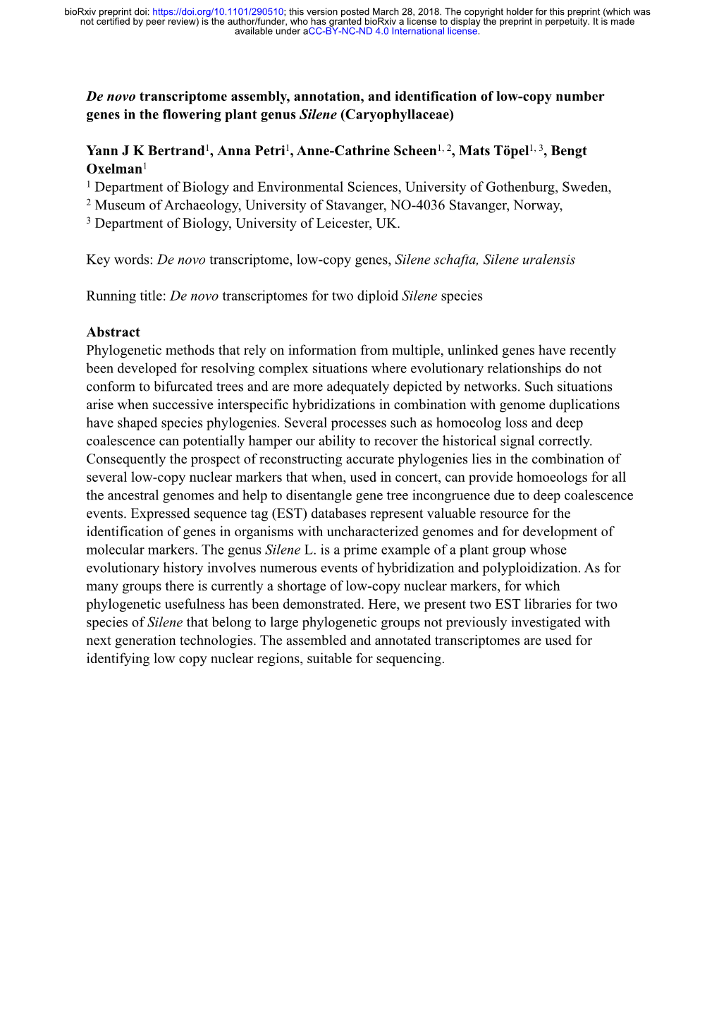 De Novo Transcriptome Assembly, Annotation, and Identification of Low-Copy Number Genes in the Flowering Plant Genus Silene (Caryophyllaceae)