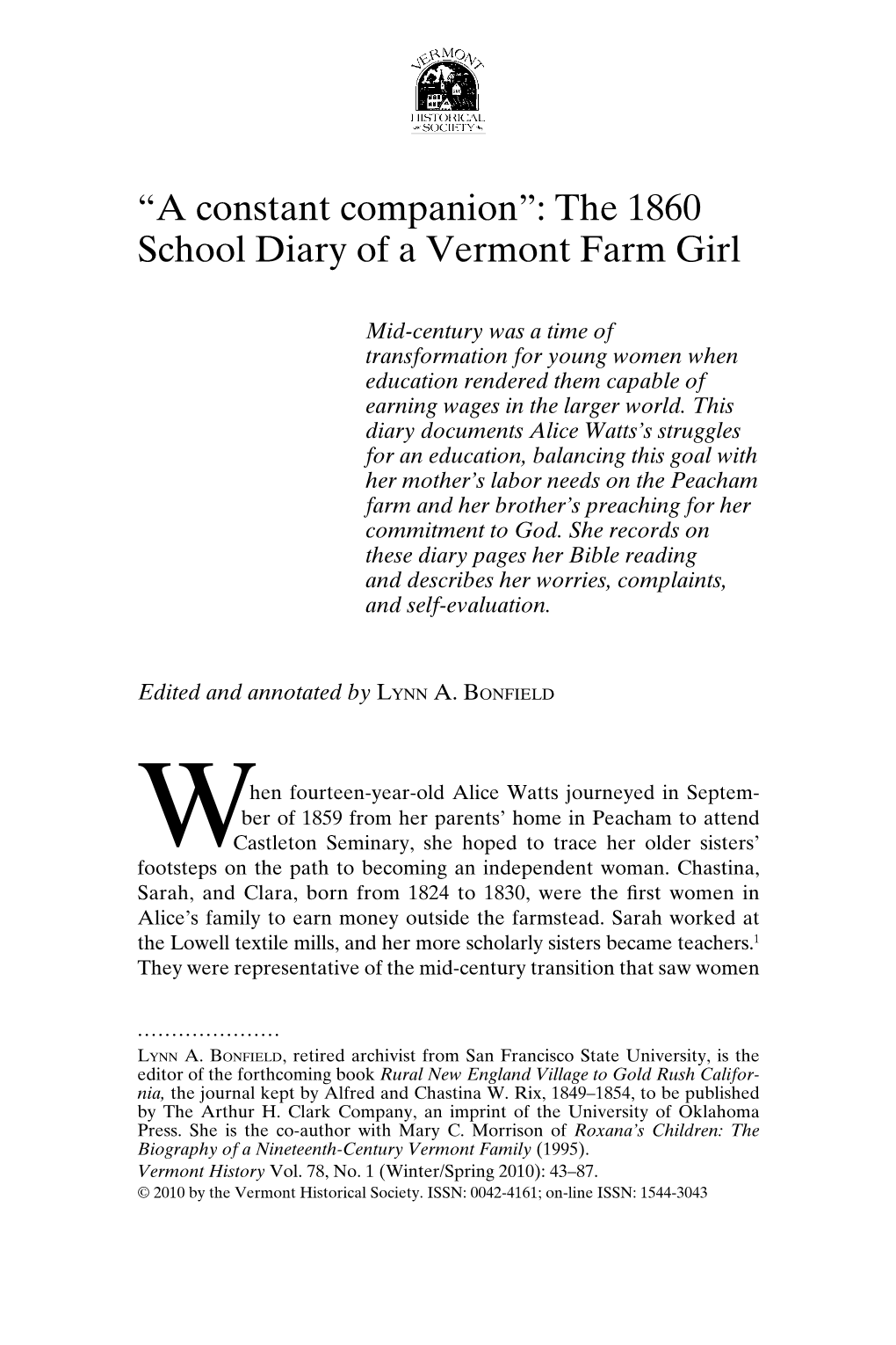 “A Constant Companion”: the 1860 School Diary of a Vermont Farm Girl