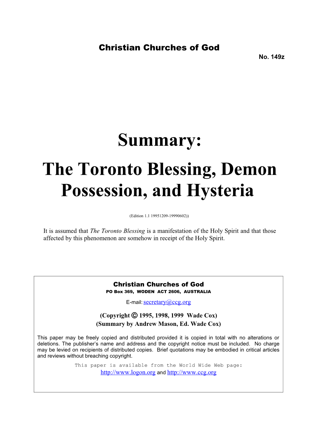 Summary: the Toronto Blessing, Demon Possession and Hysteria (No. 149Z)