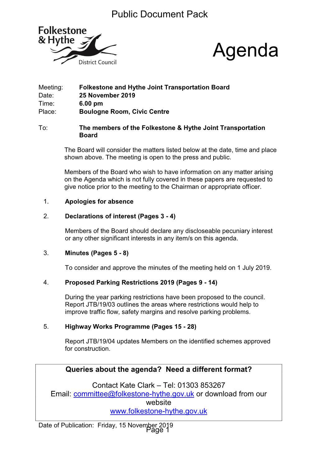 (Public Pack)Agenda Document for Folkestone and Hythe Joint Transportation Board, 25/11/2019 18:00