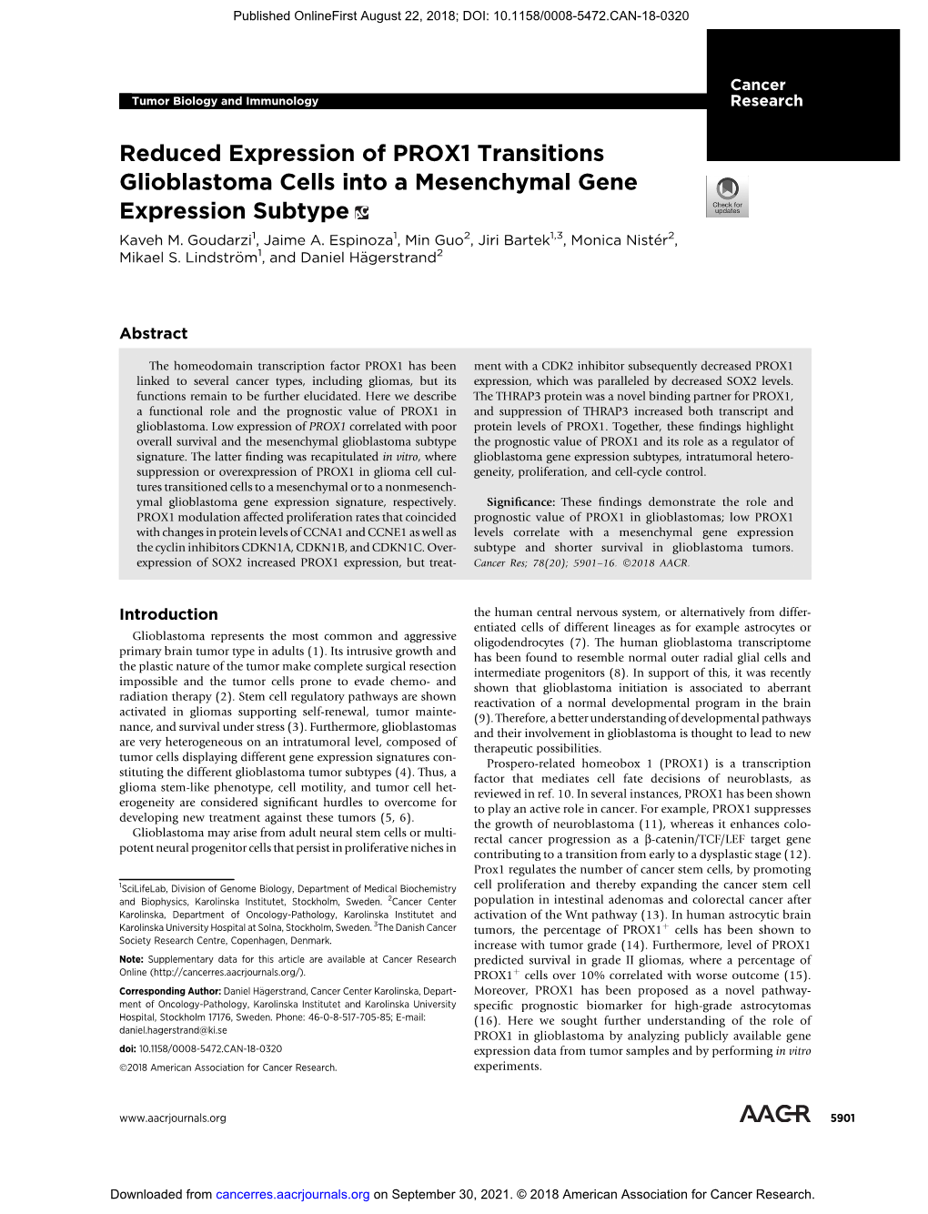 Reduced Expression of PROX1 Transitions Glioblastoma Cells Into a Mesenchymal Gene Expression Subtype Kaveh M